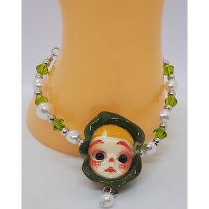 Boho Sad Girl Beaded Faux Pearls Bracelet Sculpted Resin Face New